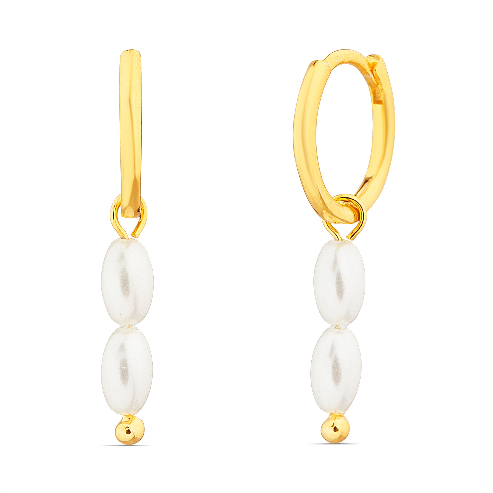 Gold White Pearl Dangle Huggies